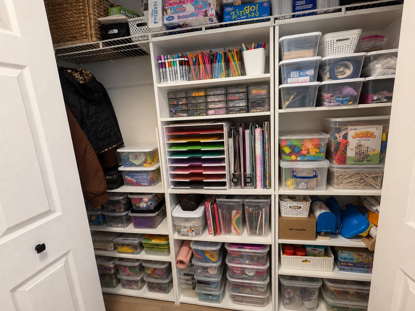 Before and after comparison for Kids’ Art + Toy Closet Reset